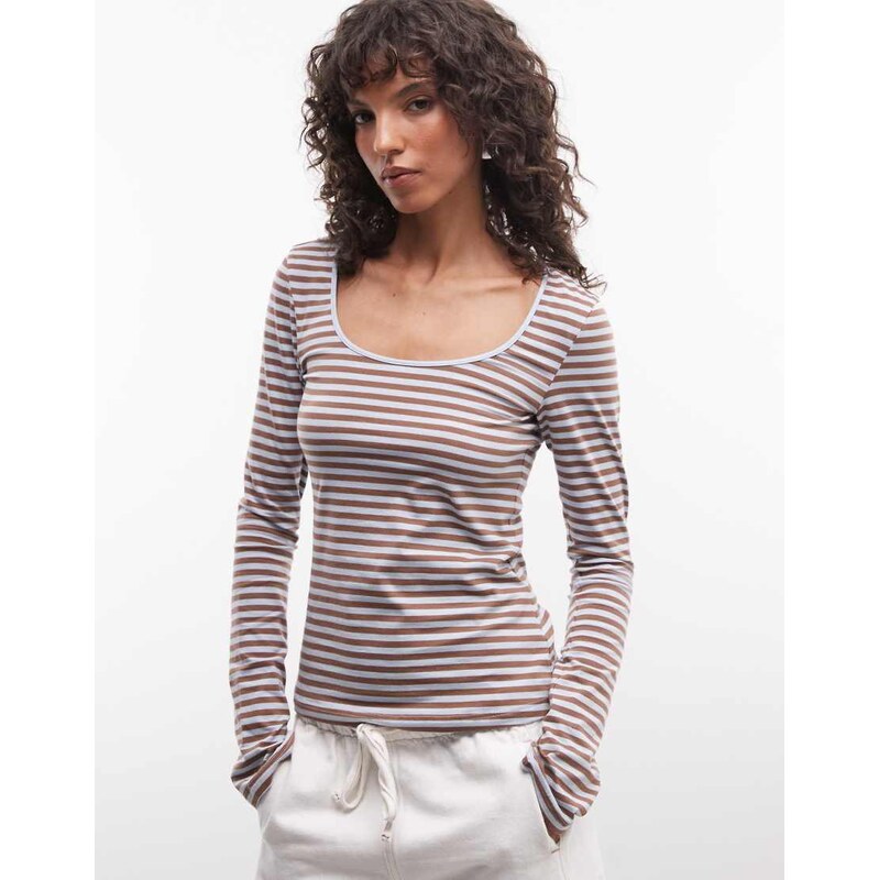 Monki scoopneck long sleeve top in blue stripe