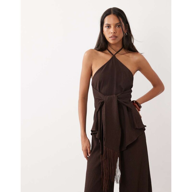 ASOS DESIGN textured halterneck top co-ord with fringed tie