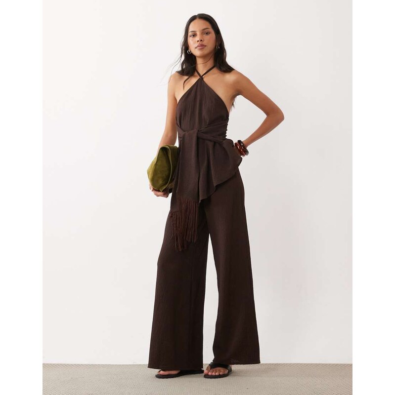 ASOS DESIGN textured wide leg trouser co-ord in chocolate-Brown