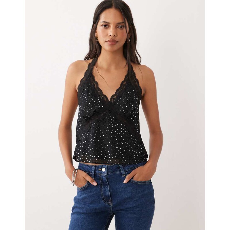 Mango lace trim halterneck top in polka dot print-Black