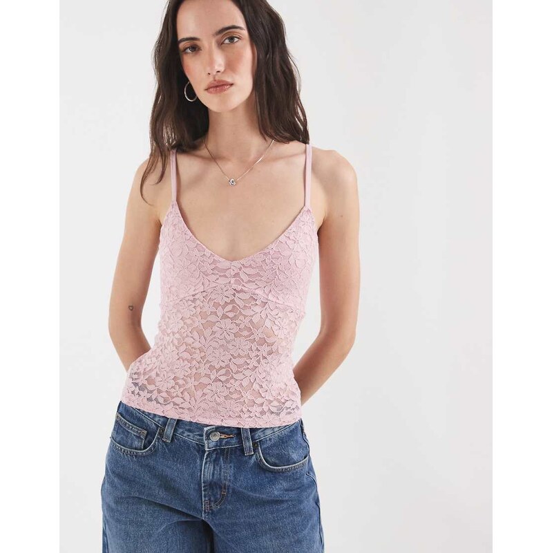 Hollister v neck lace cami top in baby pink-Brown