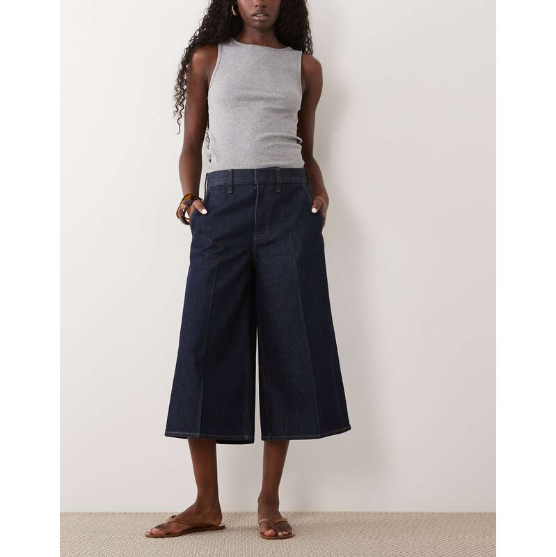 Abercrombie & Fitch high rise denim culottes in indigo wash-Blue