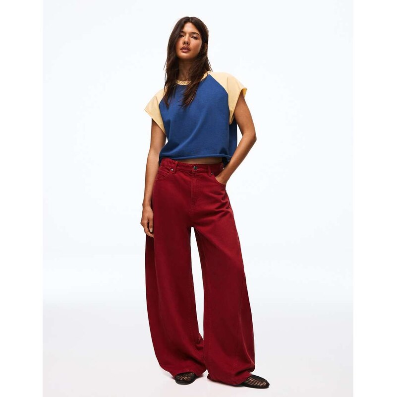 Bershka Barrel trousers with back buckle in red
