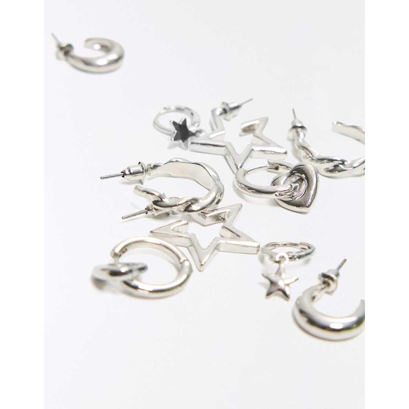 Bershka Pack of 9 assorted earrings in silver