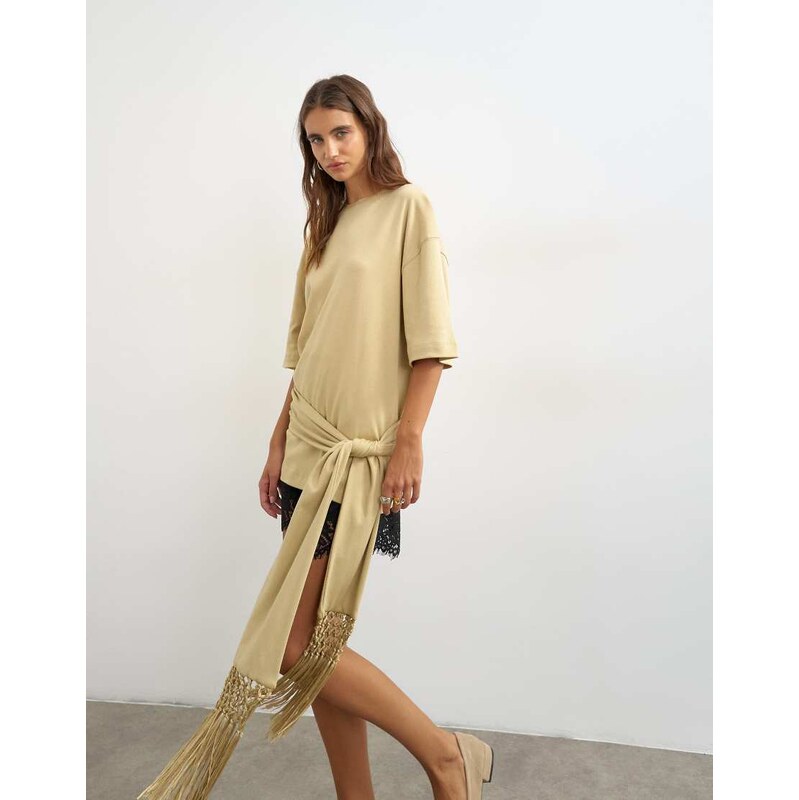 Topshop premium fringe tie detail tee in stone-Neutral
