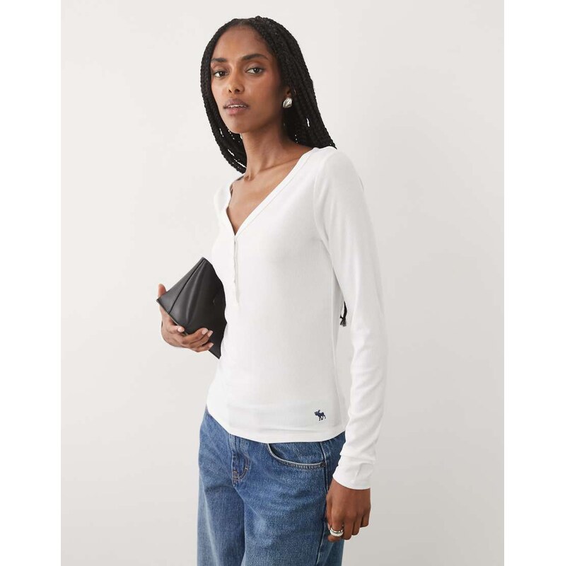 Abercrombie & Fitch long sleeve ribbed henley top in white