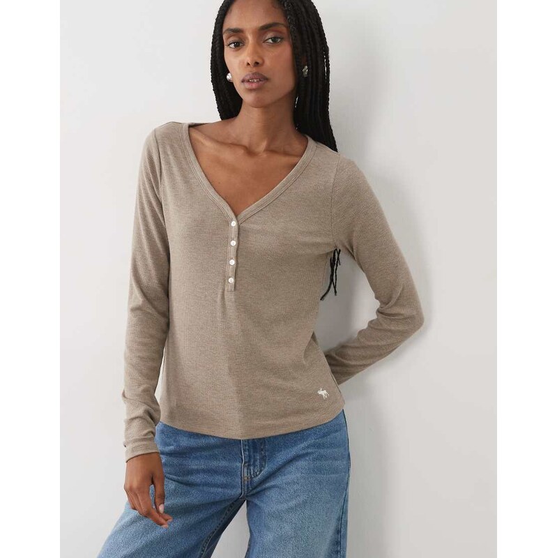 Abercrombie & Fitch long sleeve ribbed henley top in brown