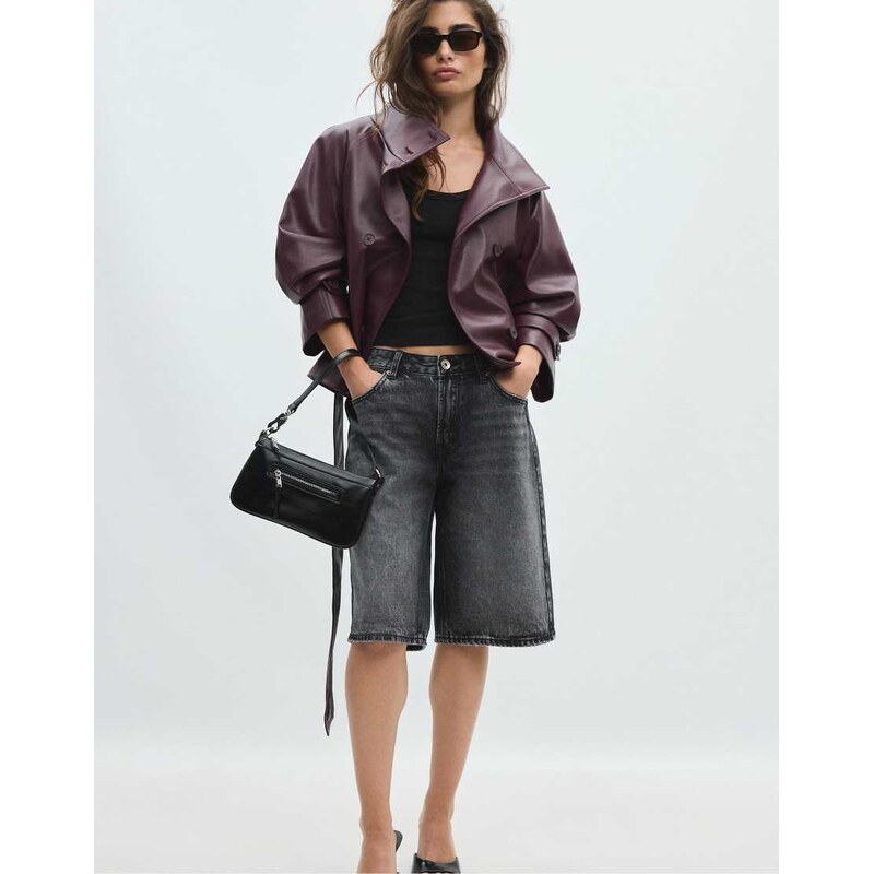 Stradivarius High neck leather effect trench coat in burgundy