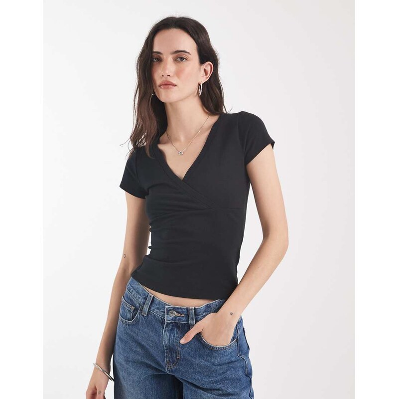 Hollister v neck wrap front top in black