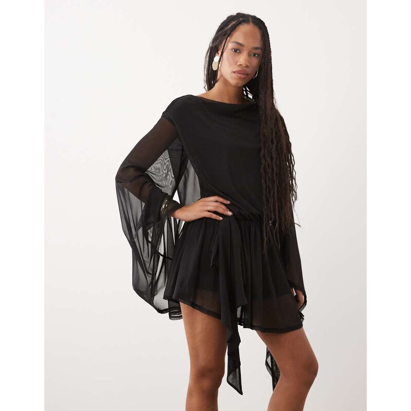 ASOS DESIGN mesh tie side mini dress with extreme sleeve in
