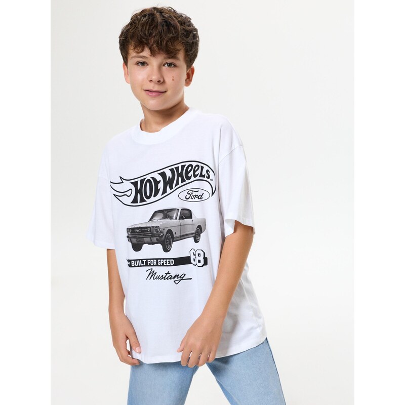 Sinsay - Bavlněné oversize tričko s potiskem Hot Wheels - bílá