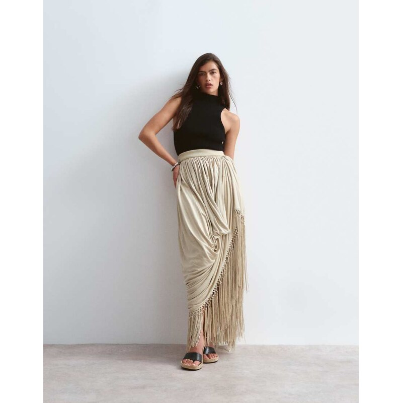 ARRANGE draped fringe hem maxi skirt in soft khaki-Green