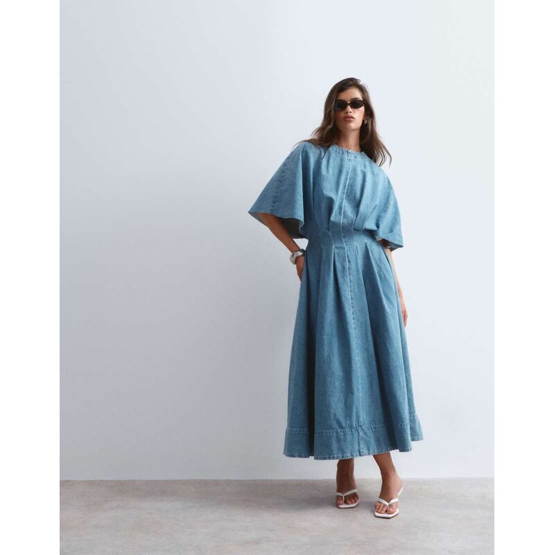 ARRANGE cinched waist denim midi dress in mid wash blue