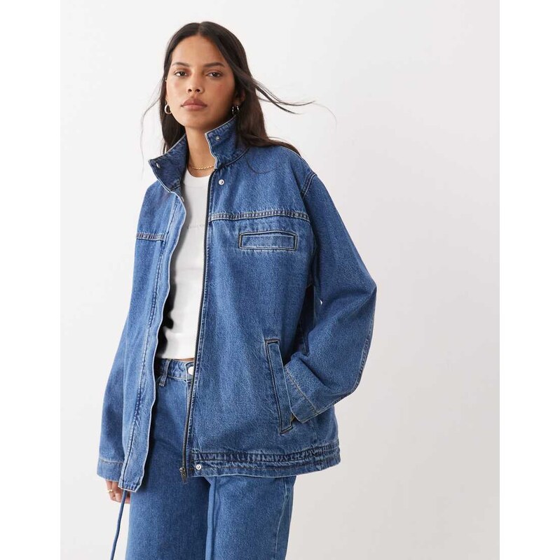ASOS DESIGN denim funnel neck jacket in mid blue