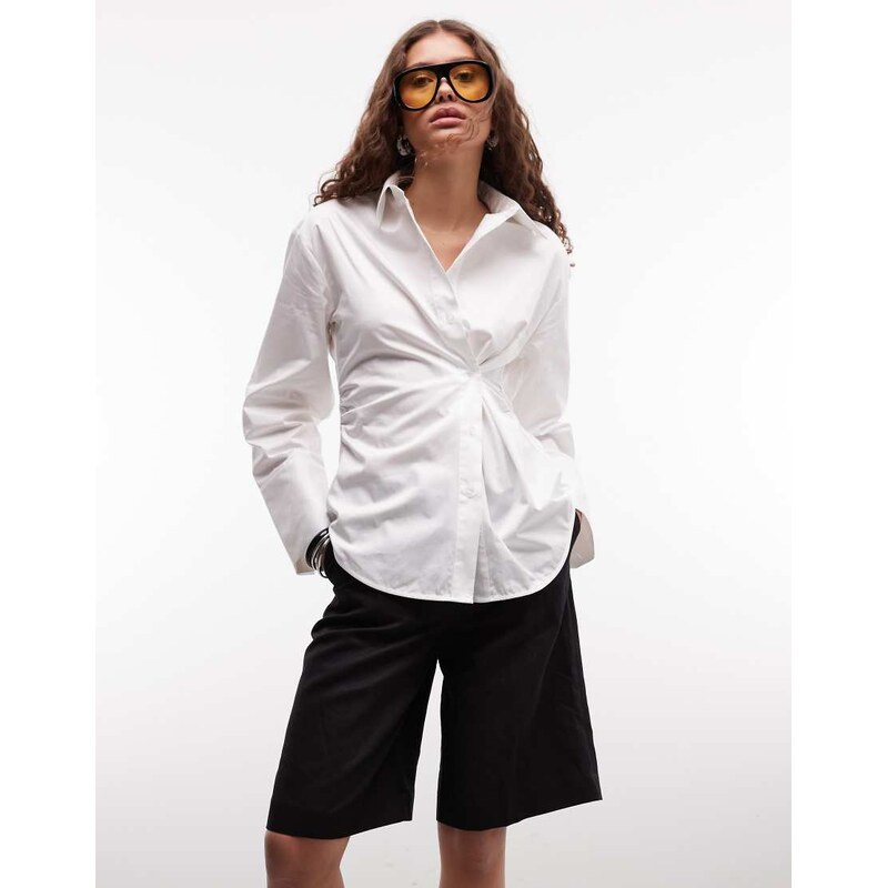 Monki asymmetric gathered shirt in white