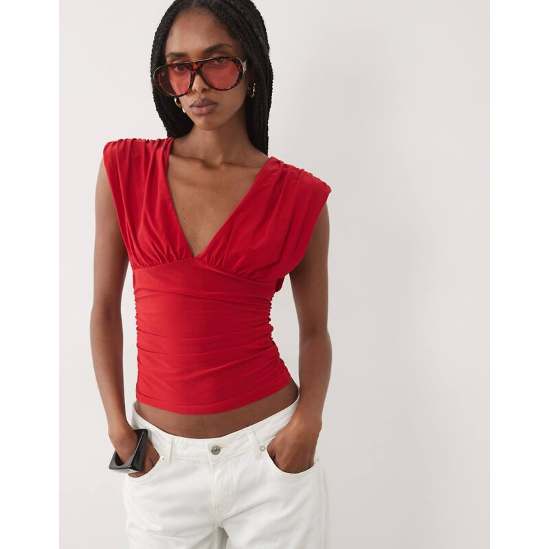 Miss Selfridge v-neck ruched tank top in red