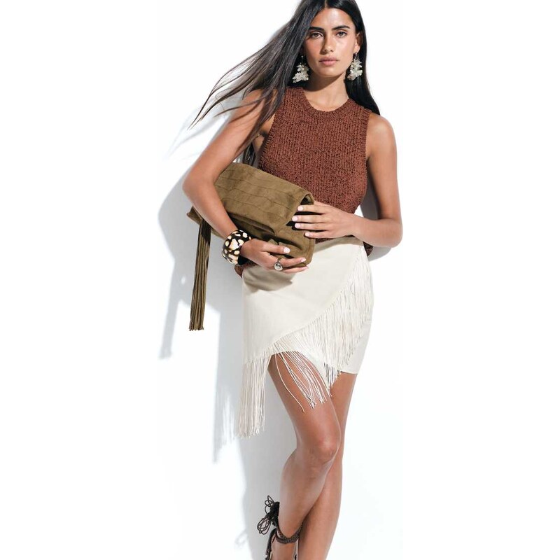 ASOS DESIGN linen blend fringe wrap mini skirt in ivory-White