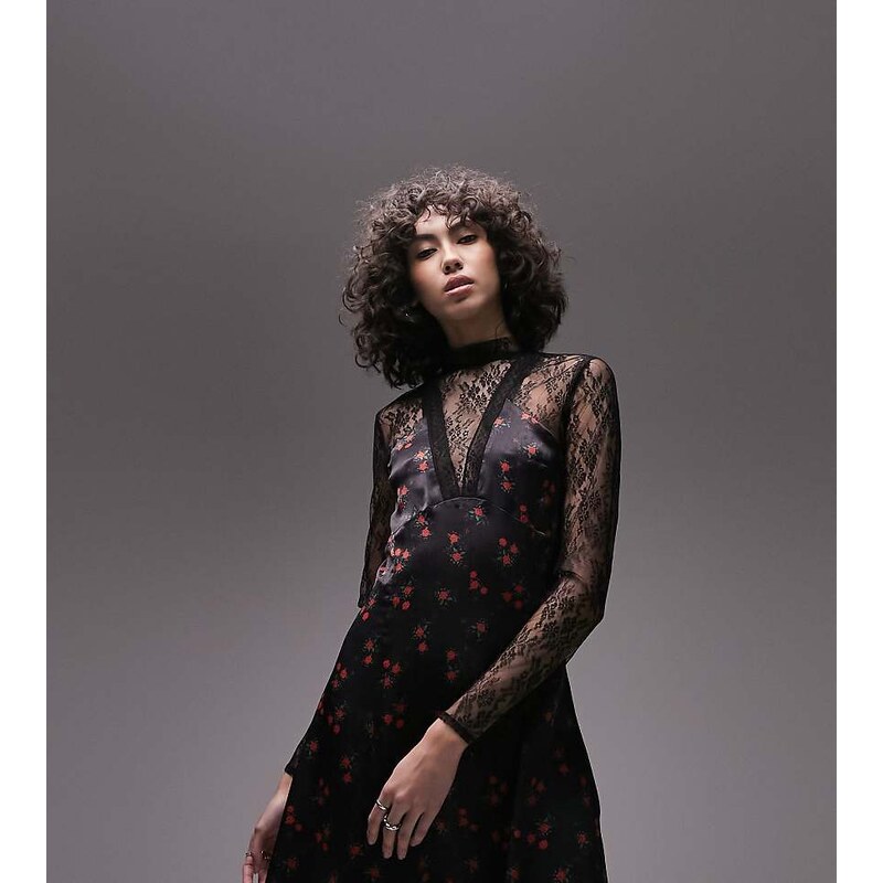 Topshop Tall lace and print mix mini dress in multi