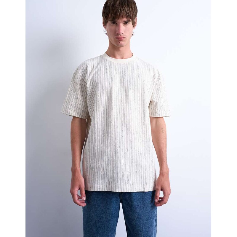 Topman relaxed fit fine stripe t-shirt in ecru-White