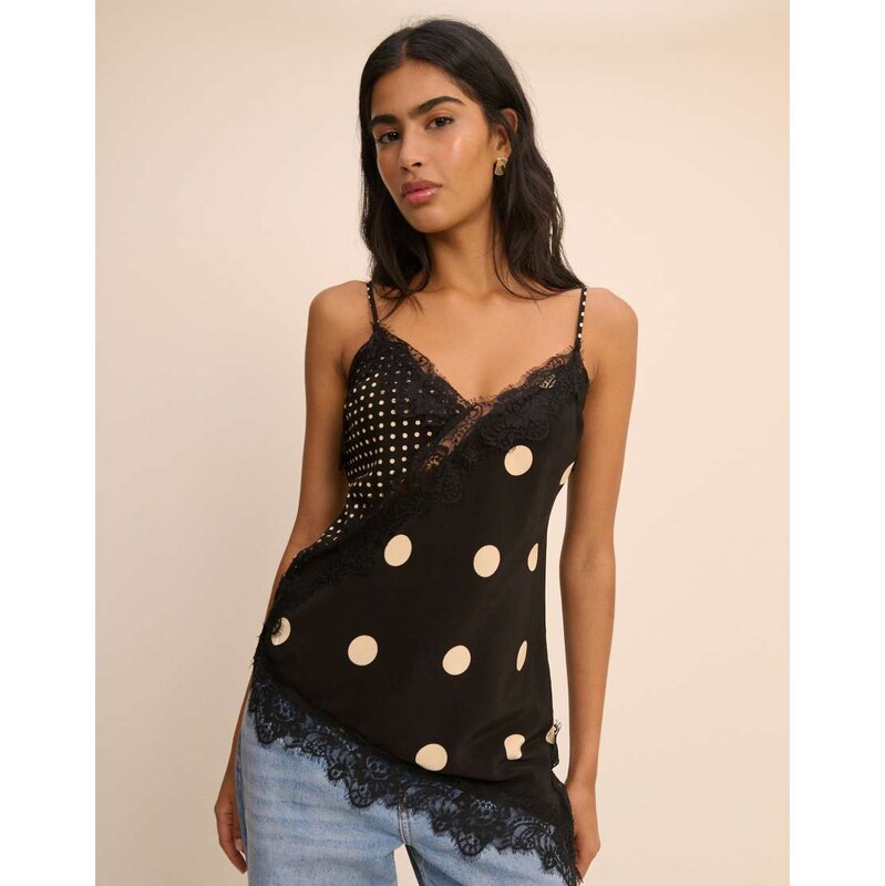 Nobodys Child satin lace trim asymmetric cami top in black mixed