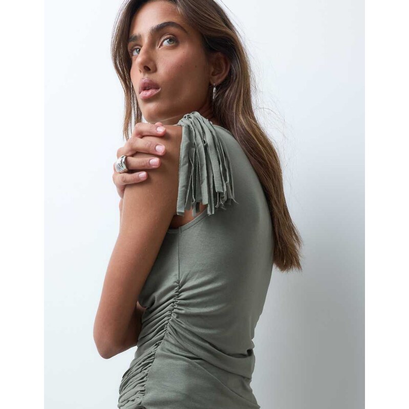 ASOS DESIGN fringing detail ruched vest top in khaki-Green