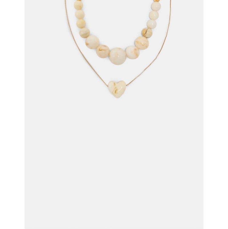 Stradivarius Set of 2 beaded and heart necklaces in ecru-White