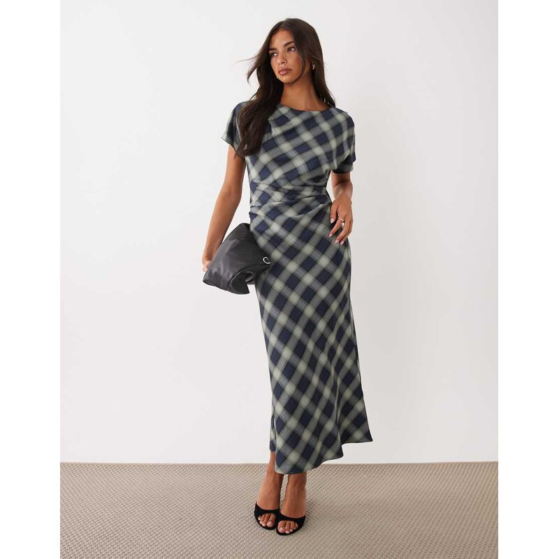 Nobodys Child Blaine short sleeve drape midi dress in blue check