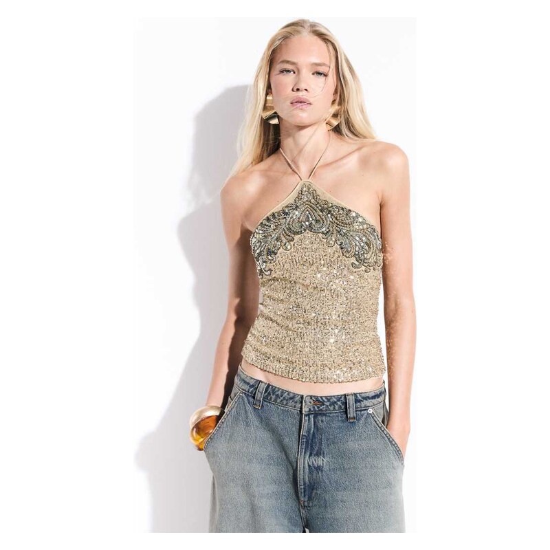 ASOS DESIGN halter neck embellished sequin cami in gold