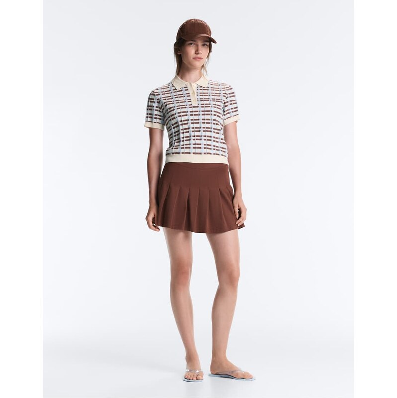 OYSHO Short pleated piqué skirt in brown