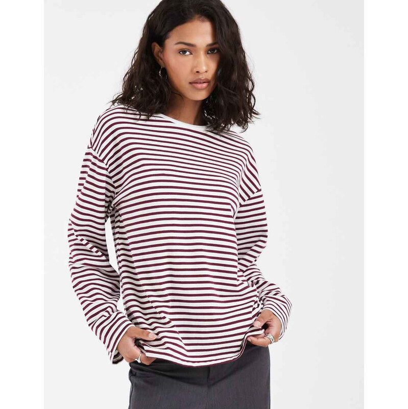 Pieces long sleeve t-shirt in burgundy and white stripe-Red