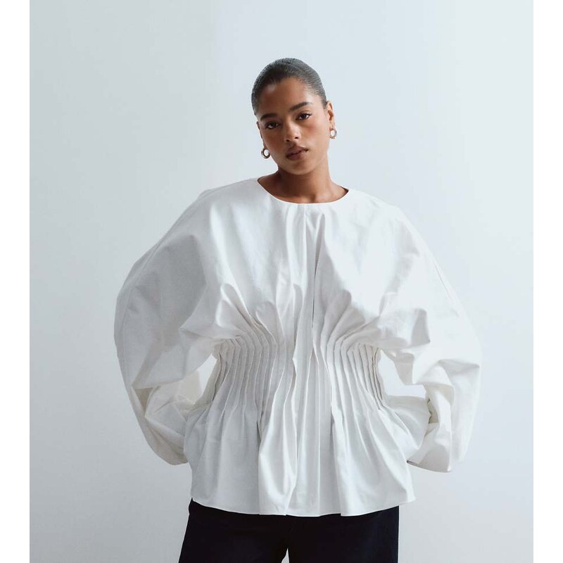 ARRANGE Curve volume sleeve pleated cinched waist top in white