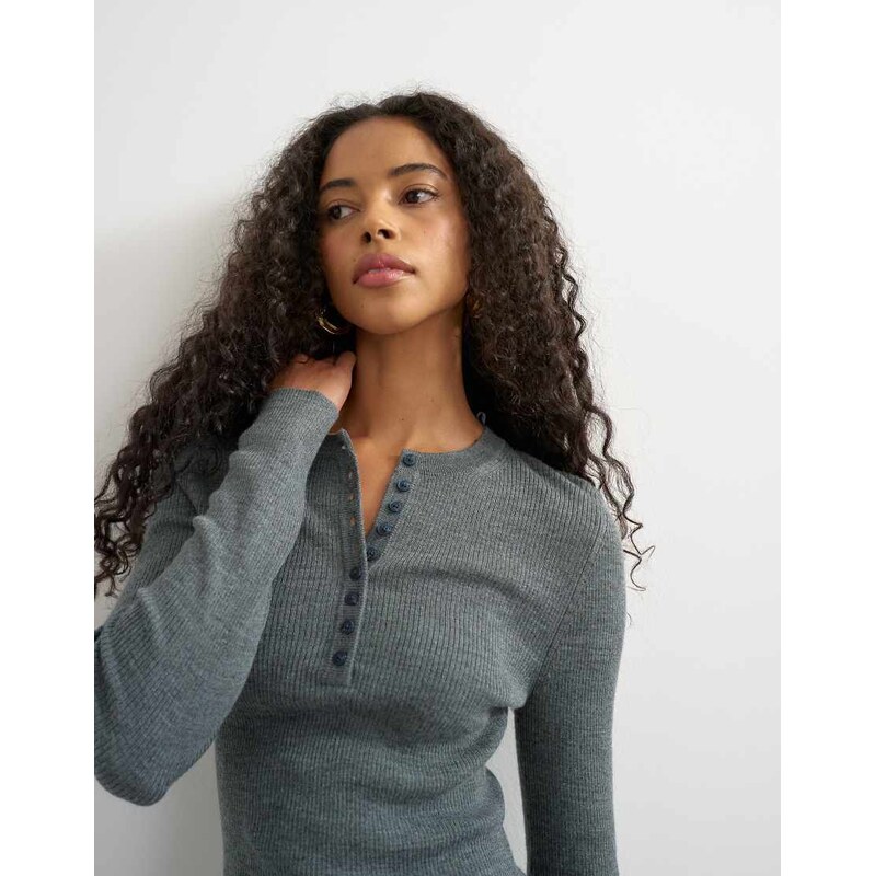 Topshop knitted wool blend henley long sleeve top in charcoal