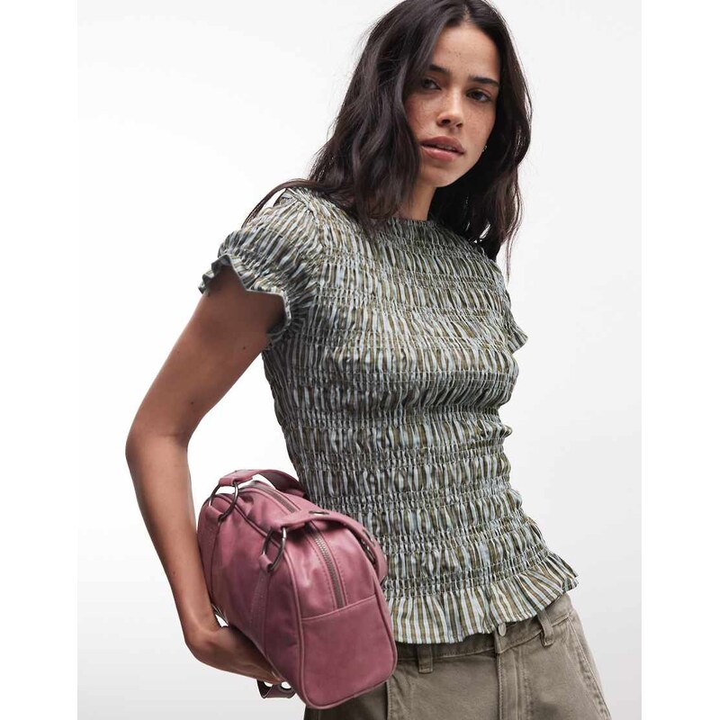 Daisy Street shirred short sleeve top in green blue check-Multi
