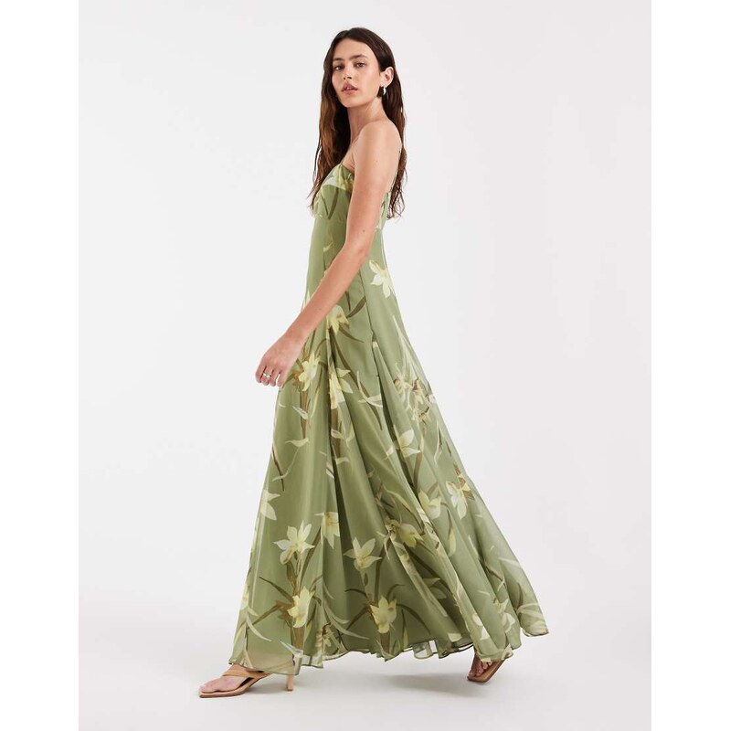 ASOS DESIGN chiffon strappy maxi dress with deep godets in green