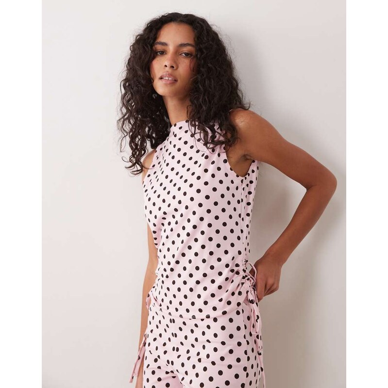ASOS DESIGN polka dot co-ord boat neck tie side top in pink