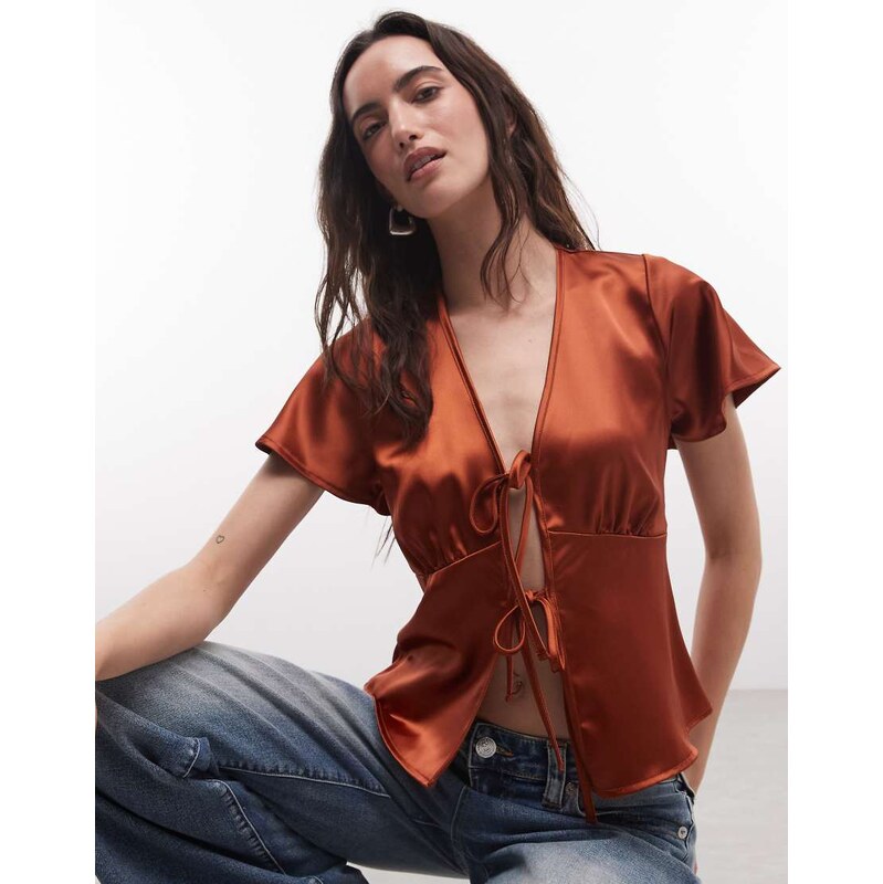 Reclaimed vintage satin tie front top in deep rust-Red