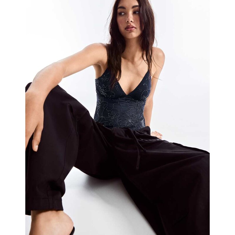 Bershka Rhinestone mesh strappy top in blue-Navy
