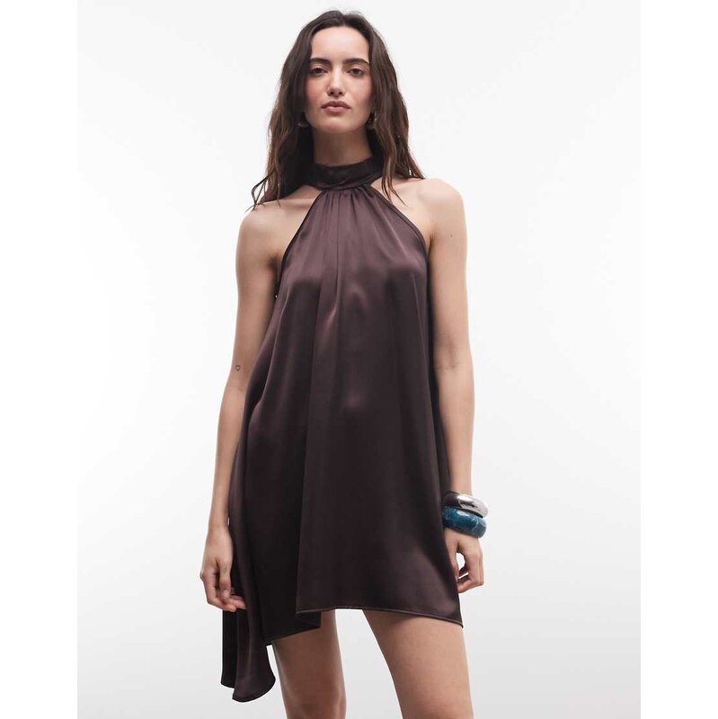 Reclaimed vintage satin halter mini dress-Brown