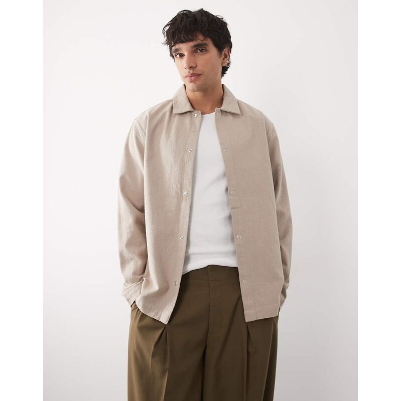 ASOS DESIGN overshirt with poppers in beige-Neutral