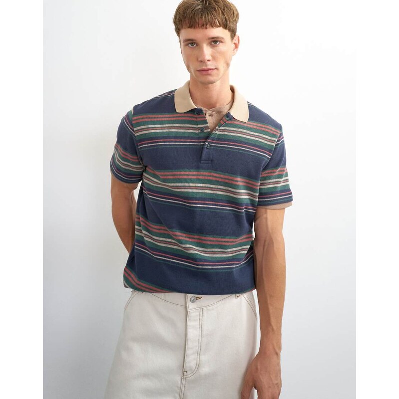 Topman classic fit jersey stripe polo in navy-Multi