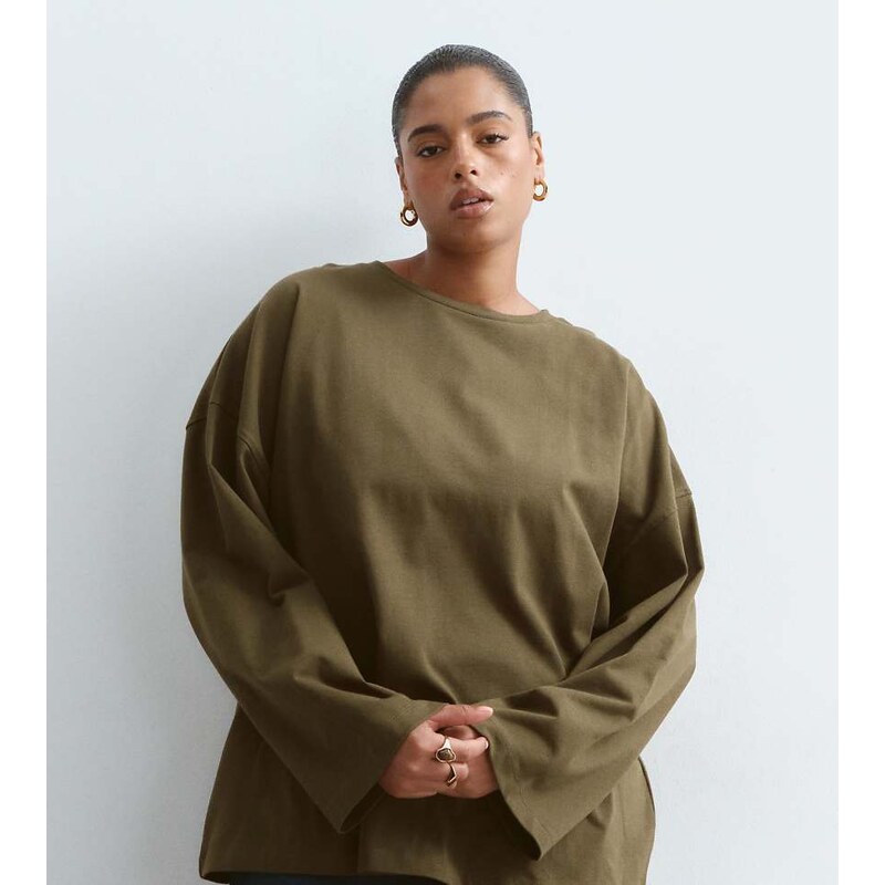 ARRANGE Curve cotton oversized long sleeve t-shirt in khaki