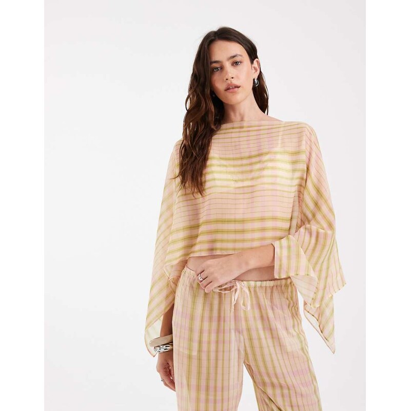 ASOS DESIGN chiffon sheer cape gingham co orf in pink-Multi