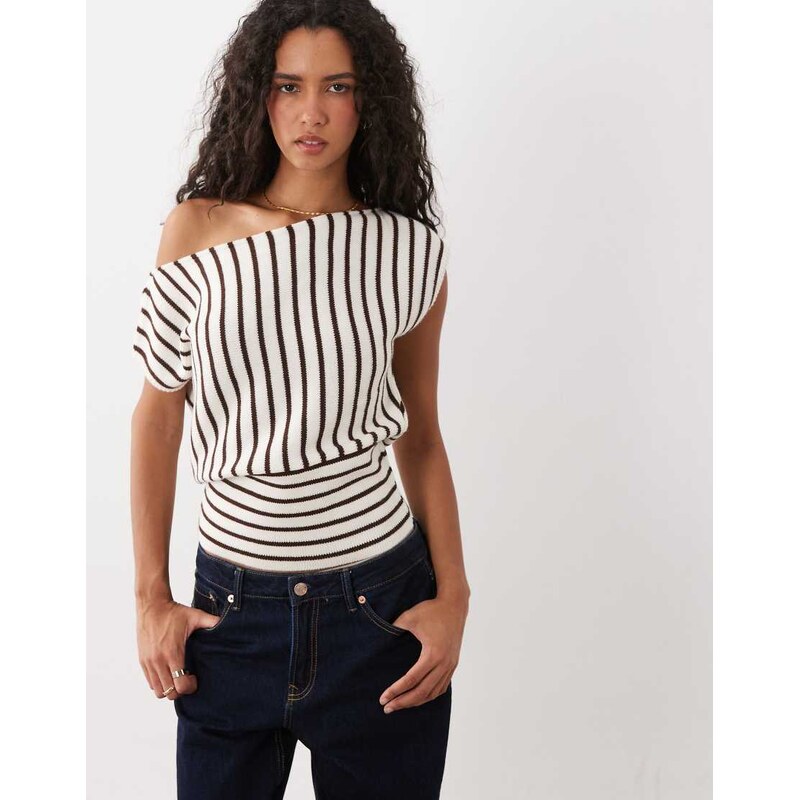 Miss Selfridge knitted off shoulder top in cream and brown
