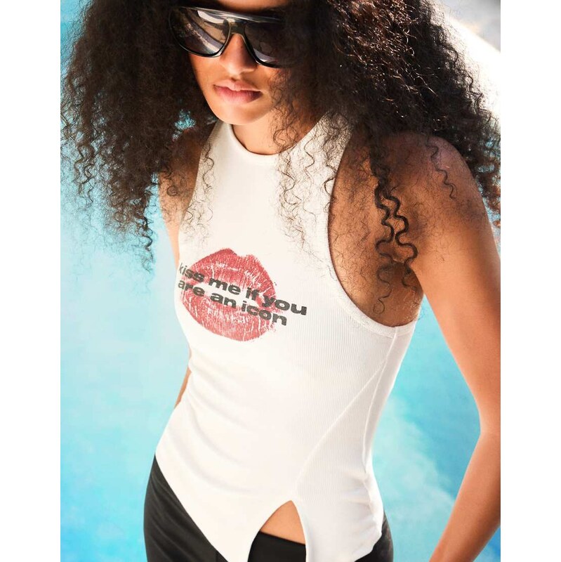 Bershka Asymmetric printed sleeveless top in white