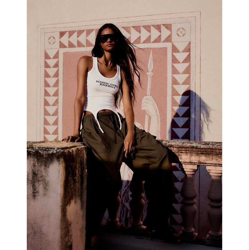 Bershka Garter belt effect print vest top in white