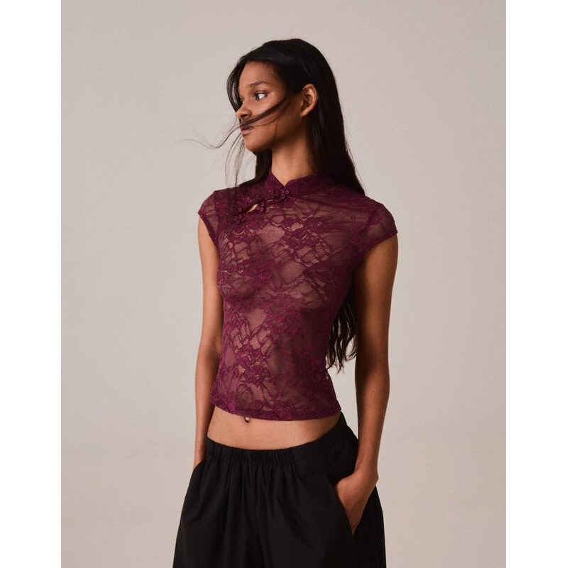 Bershka Lace top with clasp in burgundy-Red