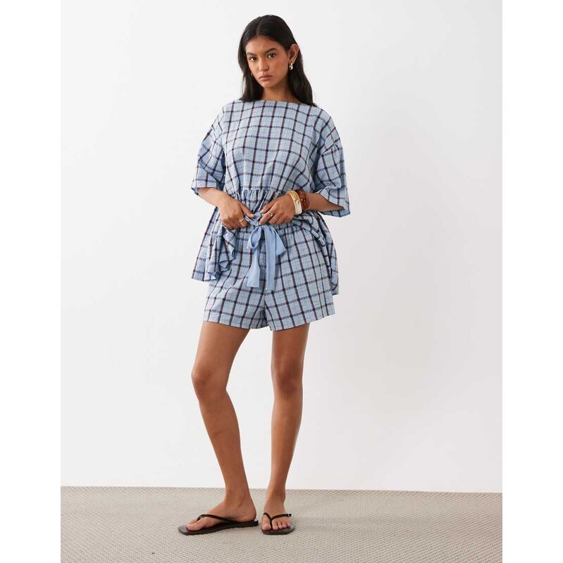 ASOS DESIGN tie waist pocket detail shorts in blue check-Multi