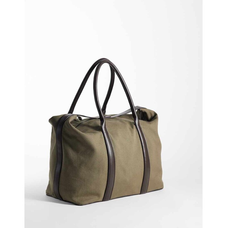ASOS DESIGN canvas fabric holdall bag with constrast brown