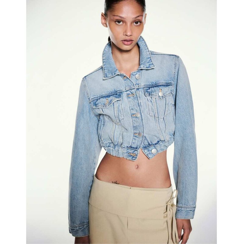 Pull&Bear Cropped elasticated waist jacket in pale blue