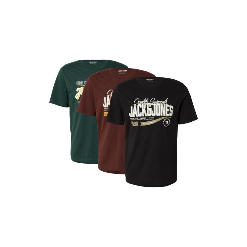 JACK & JONES Tričko hnědá / tmavě zelená / černá / bílá